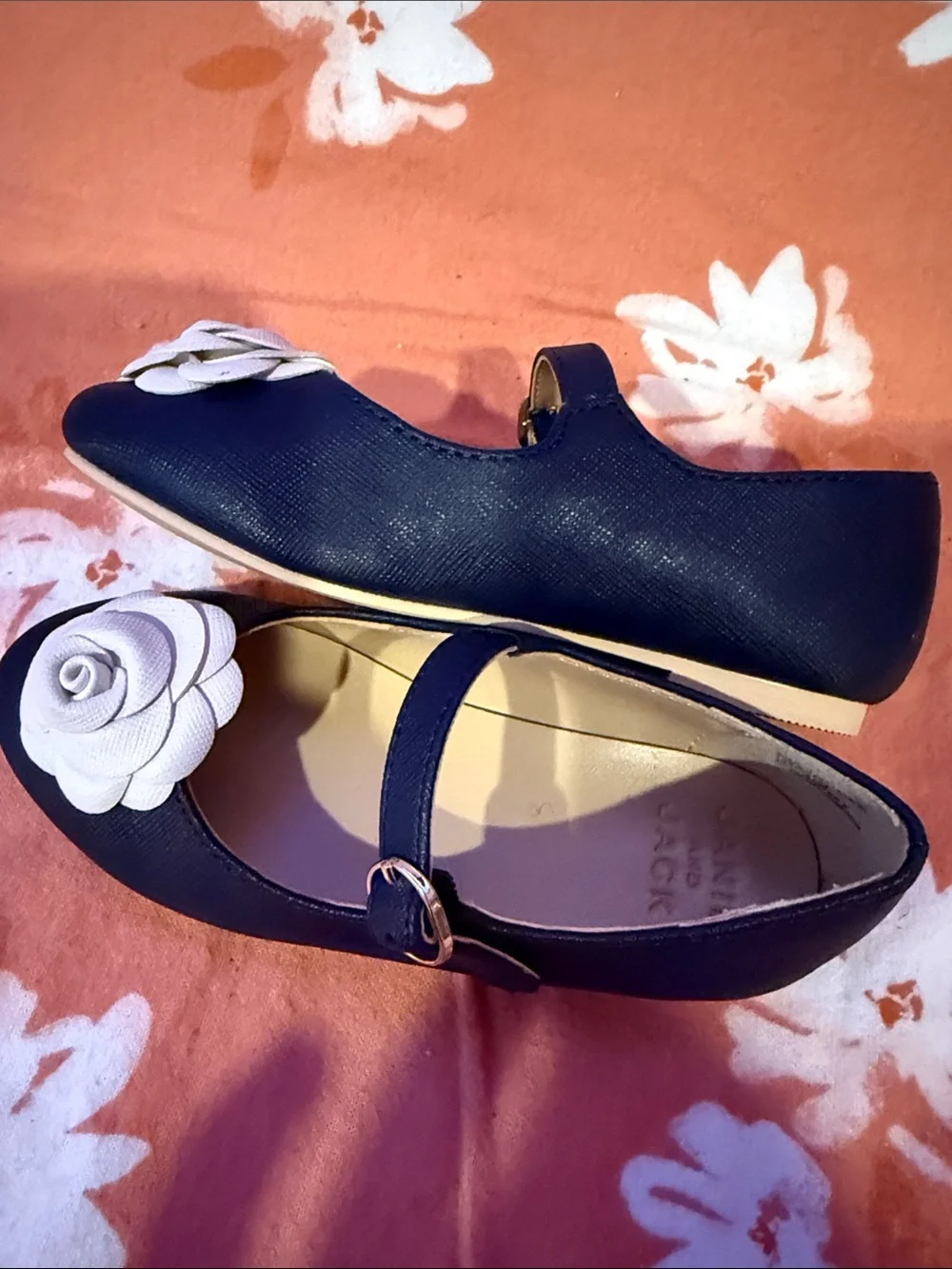 Janie and Jack Girls Navy Mary Jane Dress Shoes with White Flower Accent